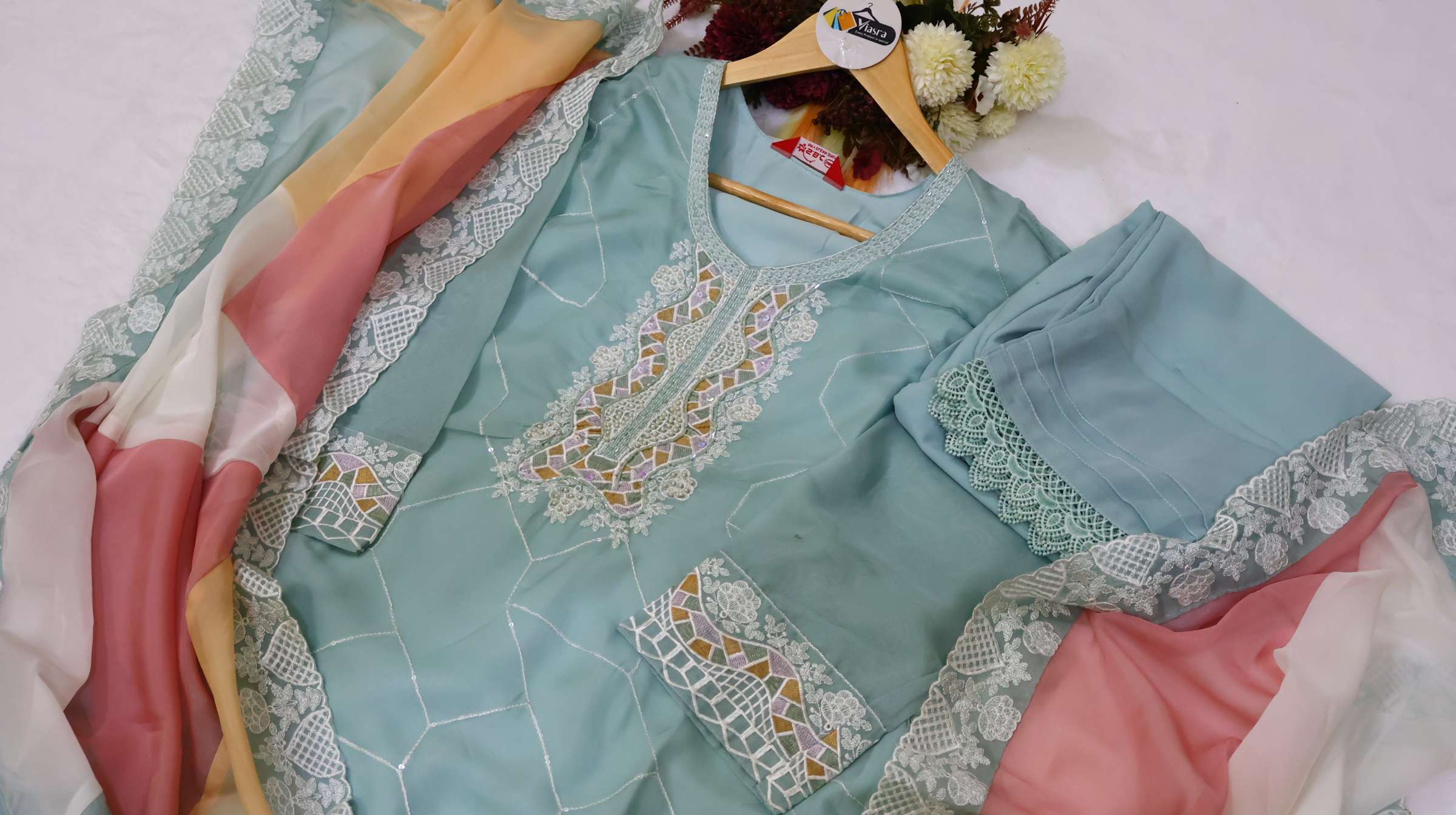 Tissue Organza Kurta Pant Set with Multicolour Dupatta