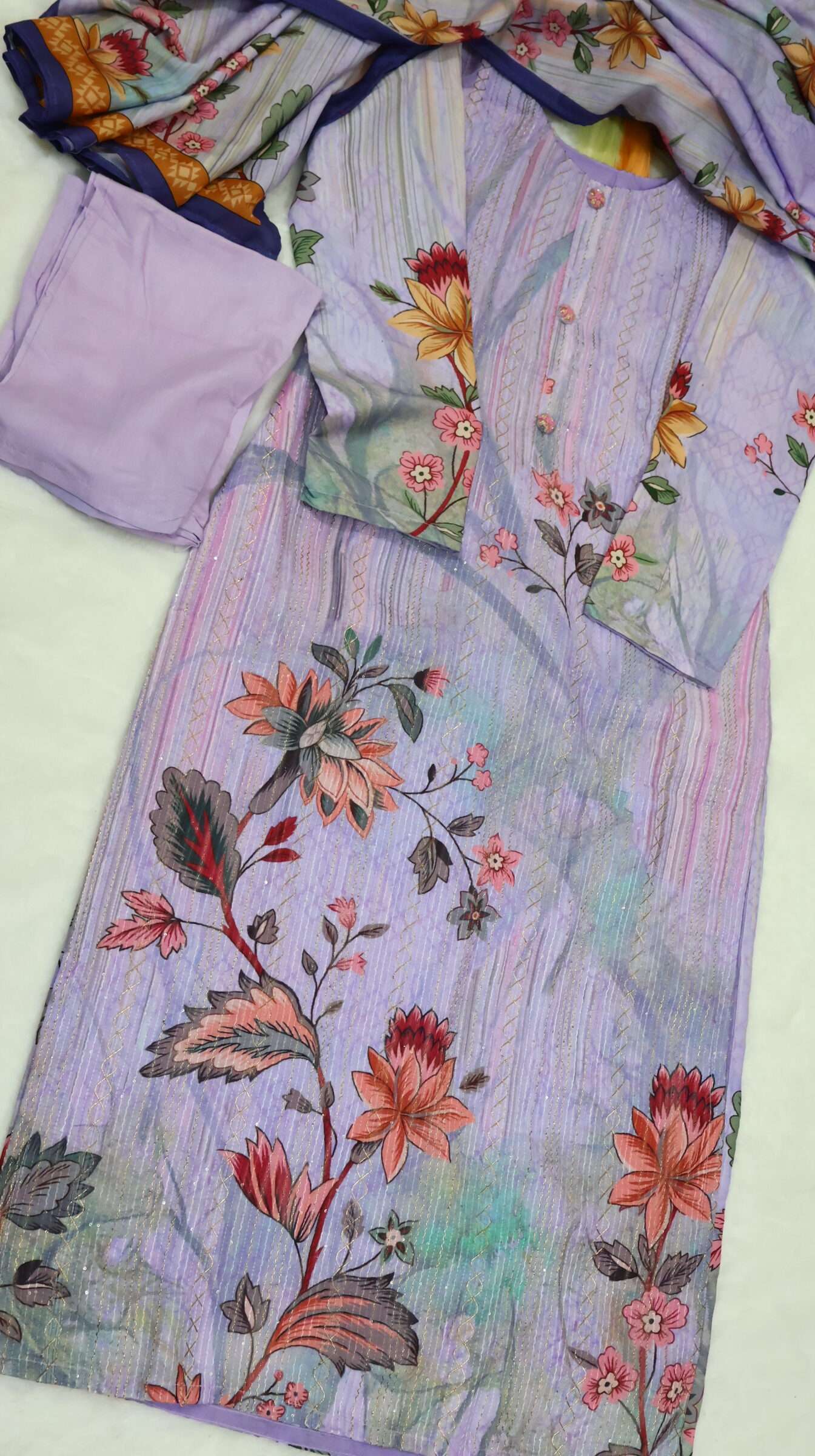 Cotton Crepe Kurta Pant Set with Dupatta