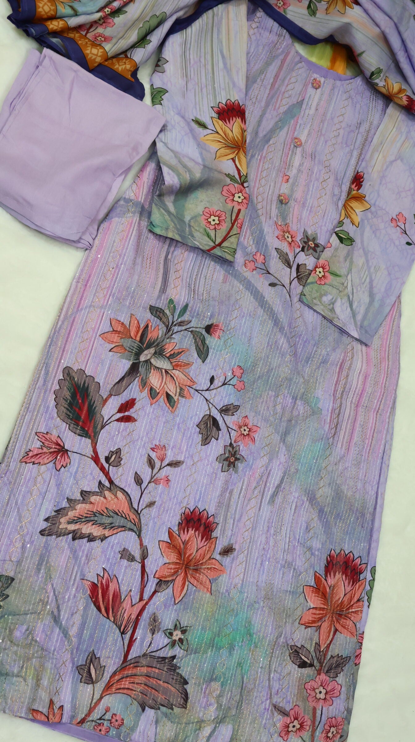 Cotton Crepe Kurta Pant Set with Dupatta