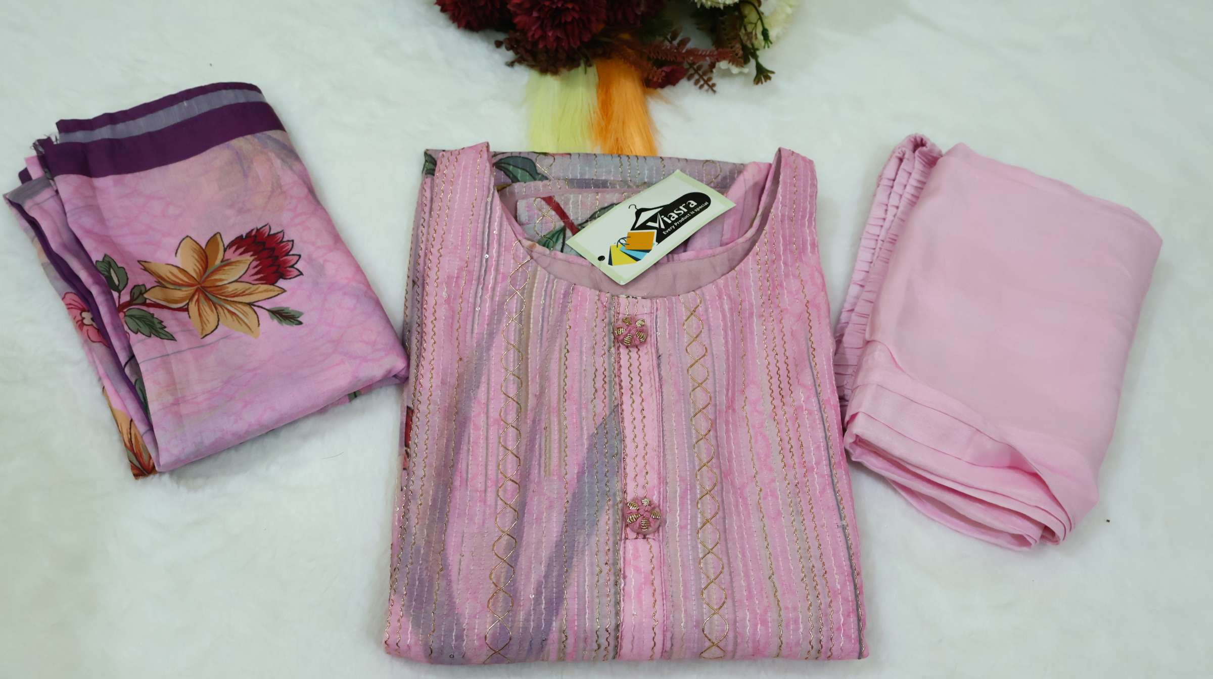 Pink Cotton Crepe Kurta Pant Set with Printed Dupatta
