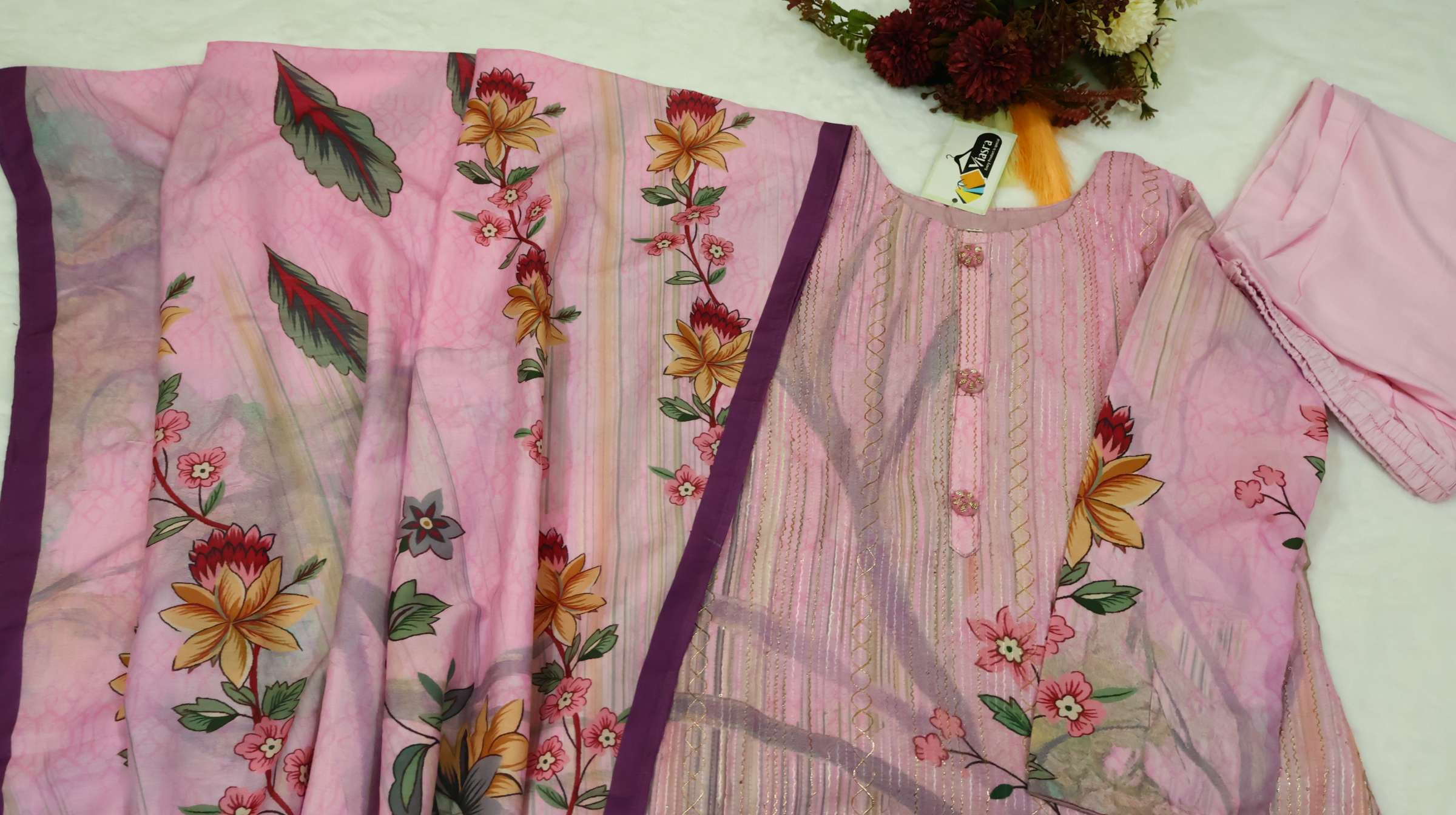 Pink Cotton Crepe Kurta Pant Set with Printed Dupatta