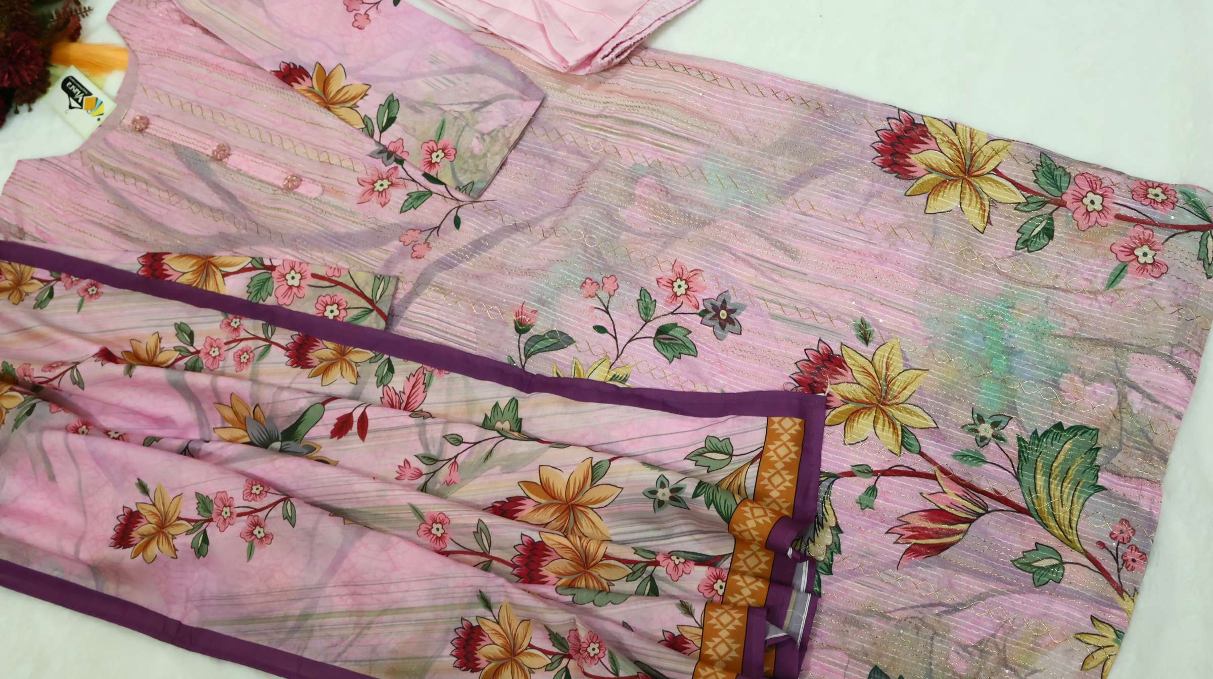 Pink Cotton Crepe Kurta Pant Set with Printed Dupatta