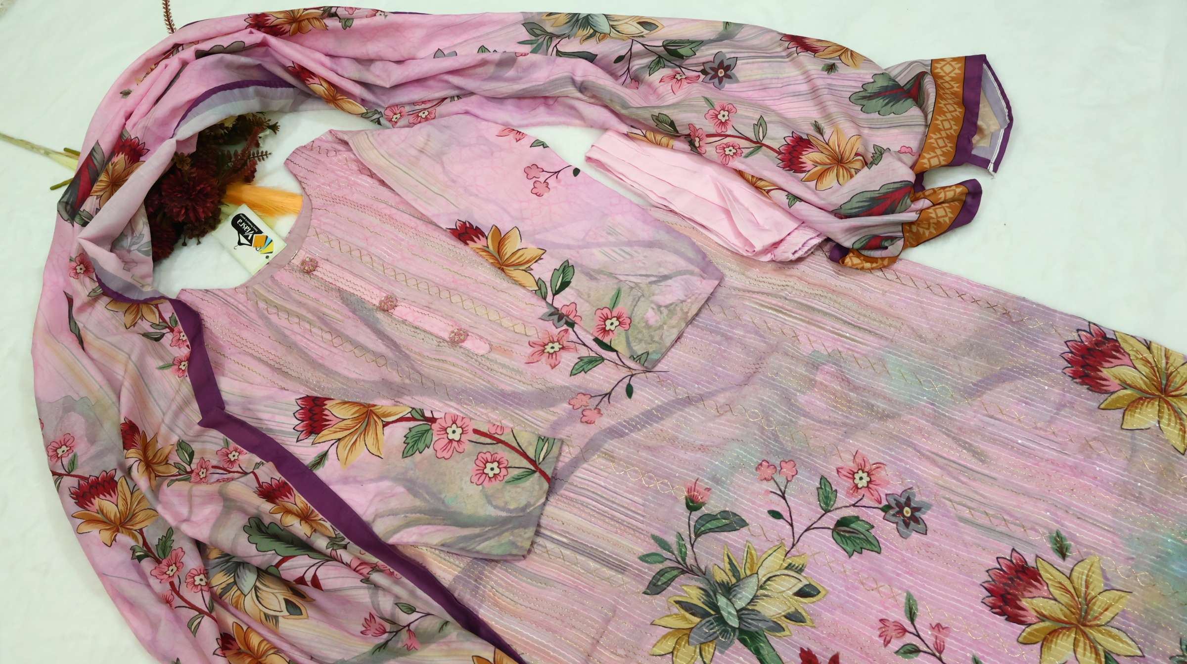 Pink Cotton Crepe Kurta Pant Set with Printed Dupatta