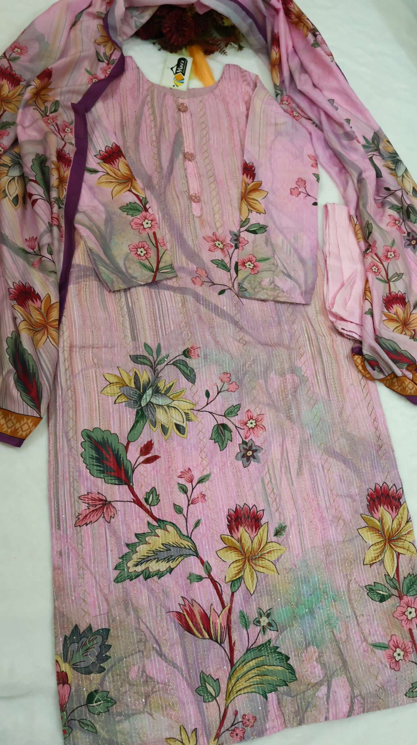 Pink Cotton Crepe Kurta Pant Set with Printed Dupatta