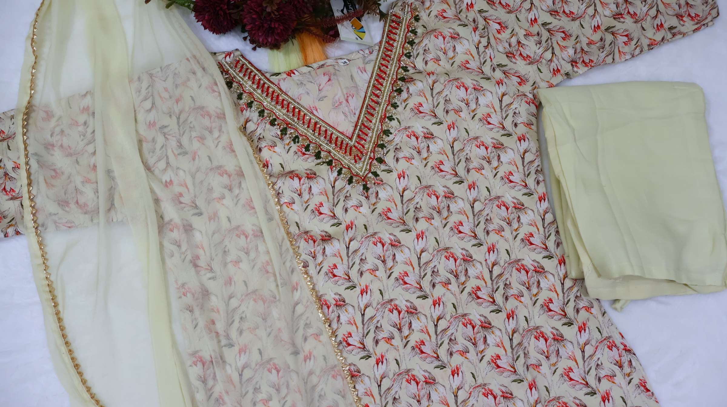 Premium Cotton Floral Kurta Pant Set with Handwork & Dupatta