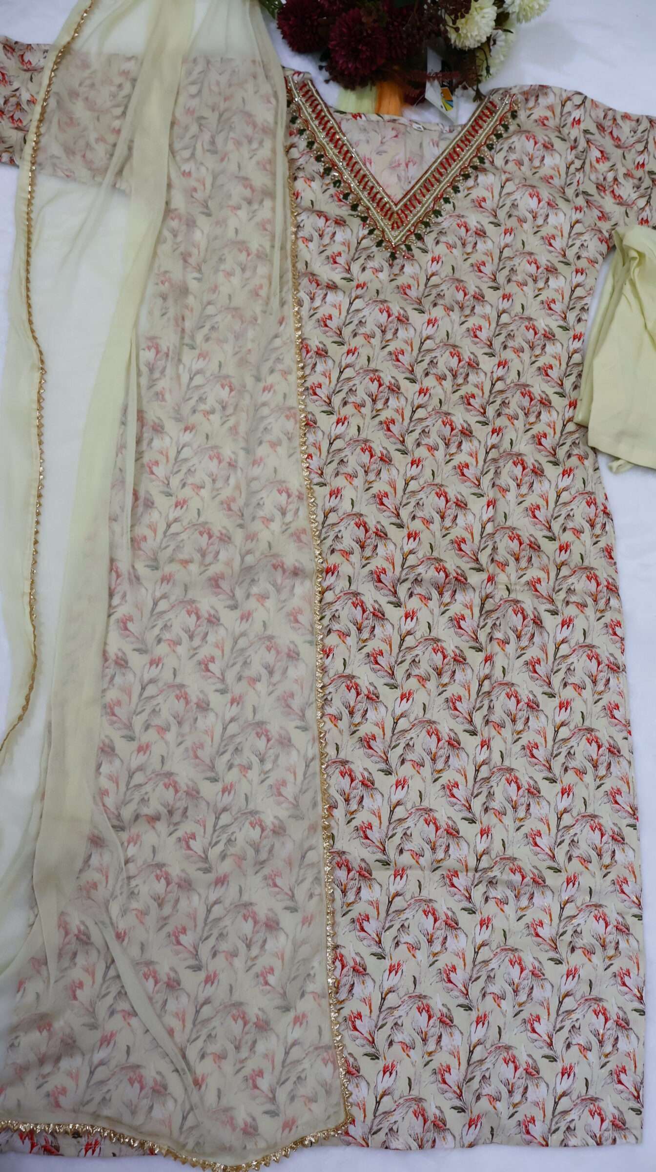 Premium Cotton Floral Kurta Pant Set with Handwork & Dupatta