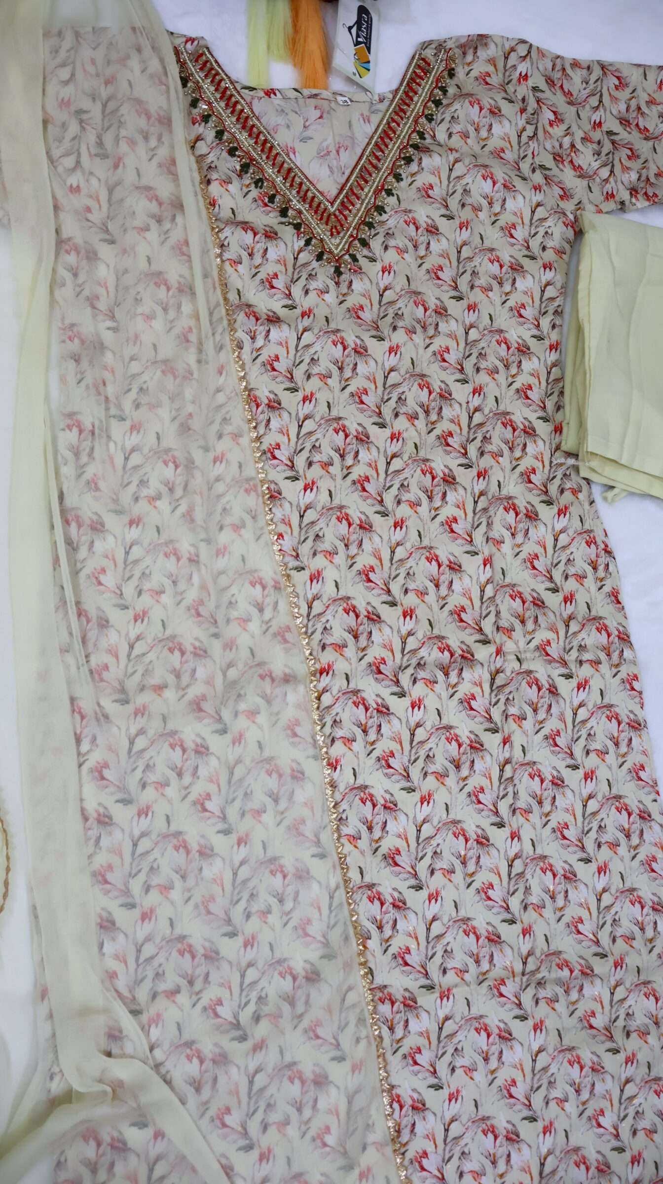 Premium Cotton Floral Kurta Pant Set with Handwork & Dupatta