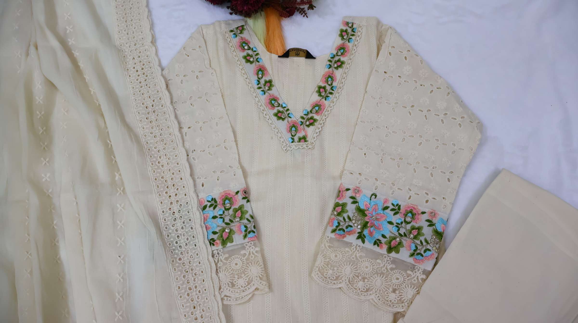 Mal Cotton Embroidered Kurta Pant Set with Dupatta