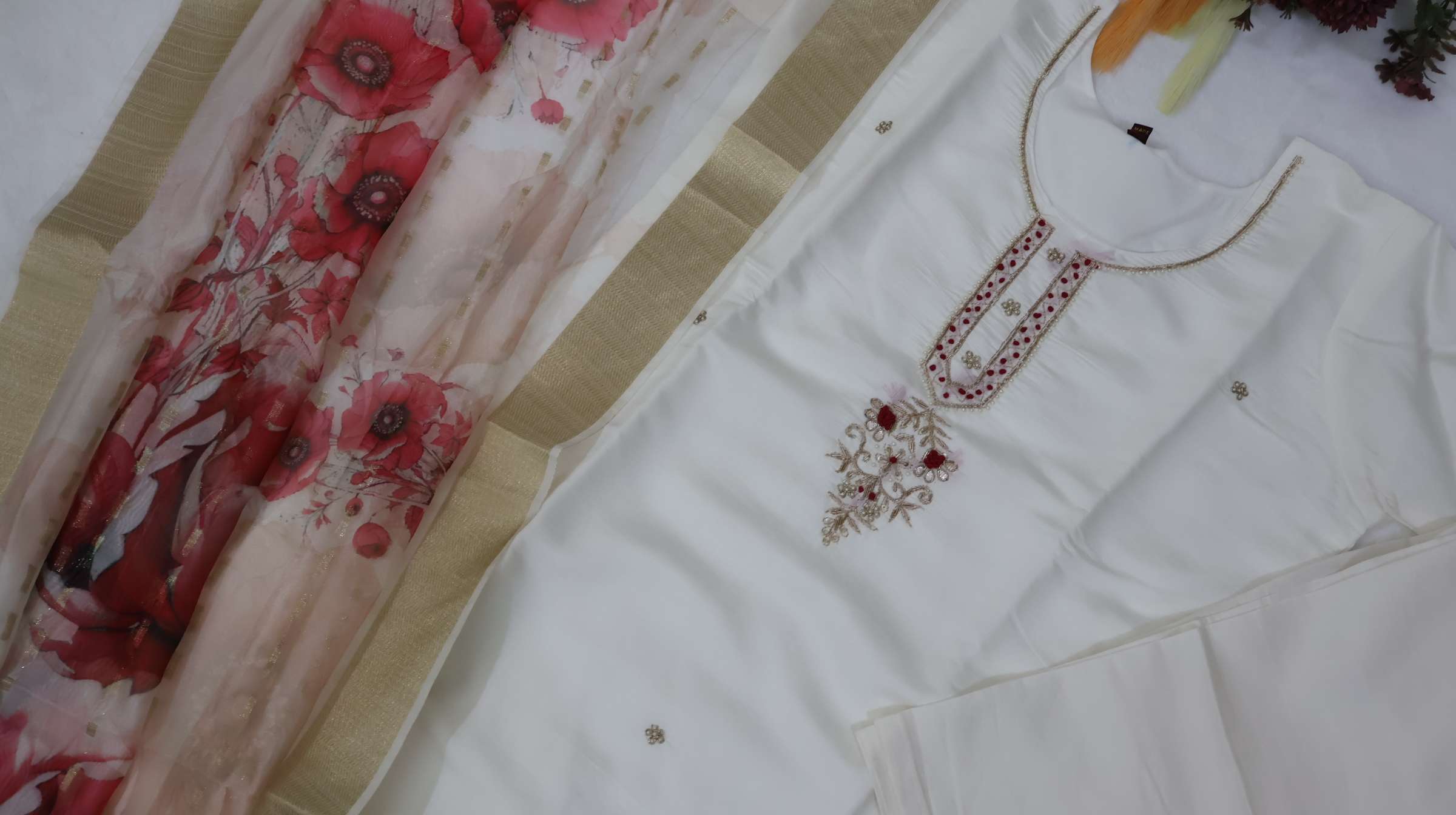 Dola Silk Kurta Pant Set with Handwork & Jacquard Dupatta