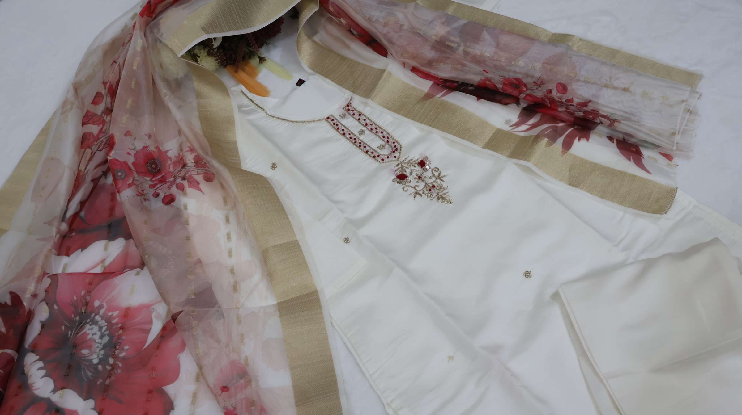 Dola Silk Kurta Pant Set with Handwork & Jacquard Dupatta