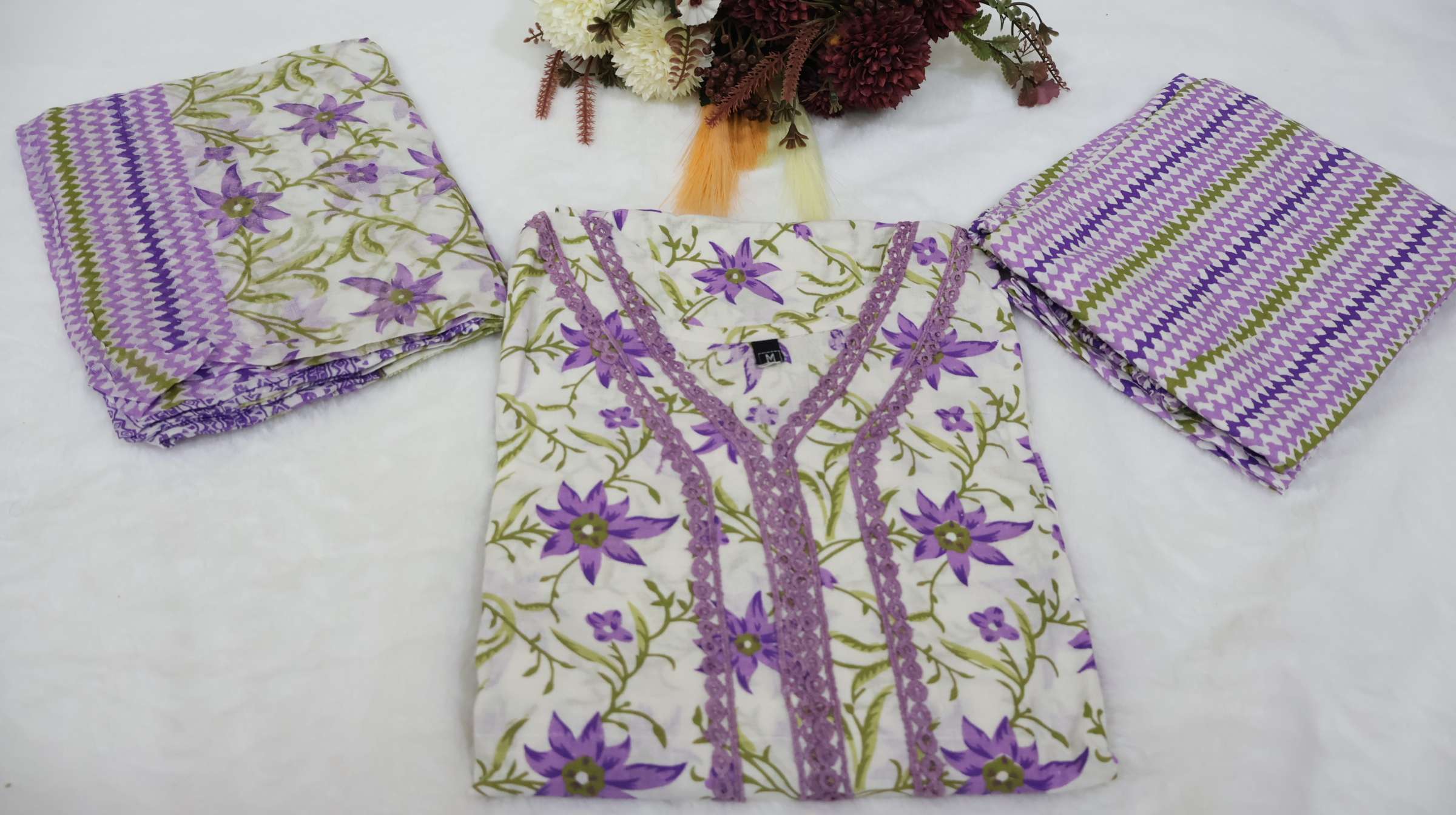 Floral Printed Cotton Kurta Pant Set with Mal Dupatta