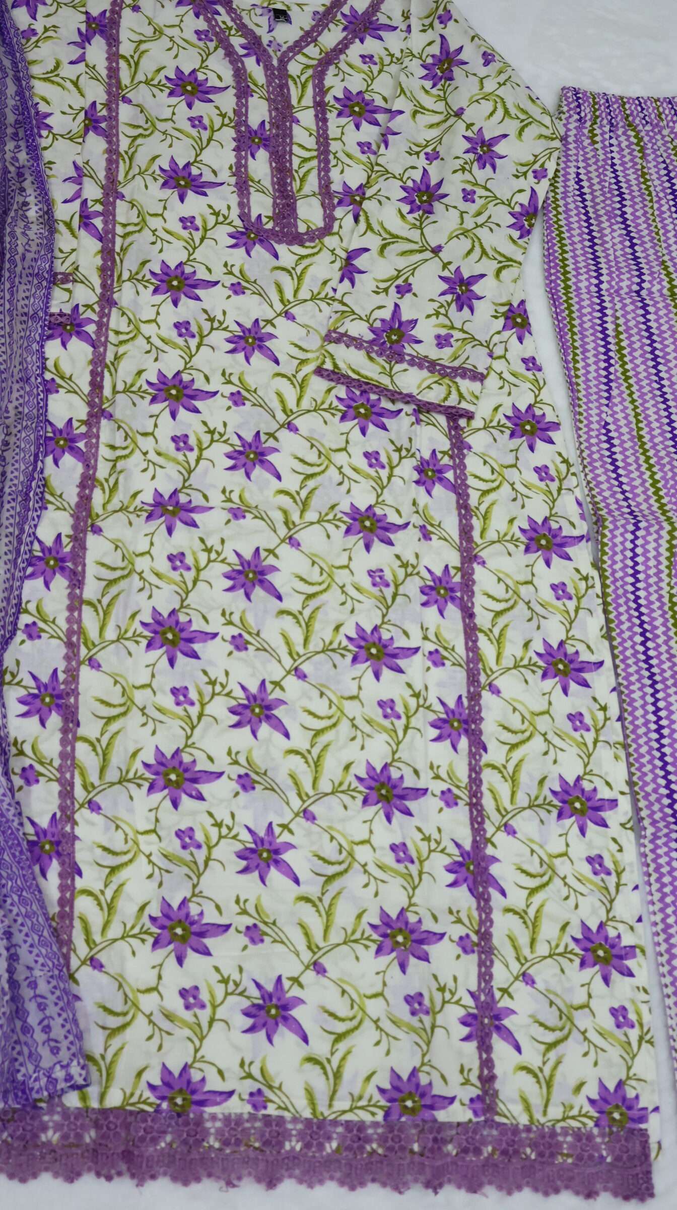 Floral Printed Cotton Kurta Pant Set with Mal Dupatta
