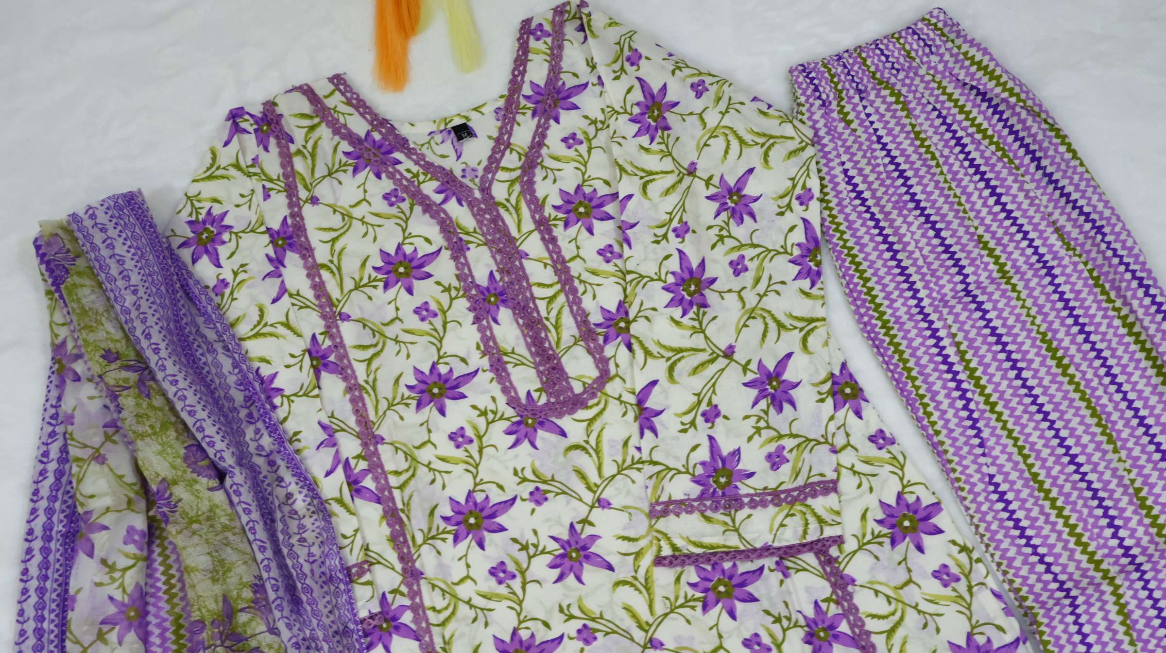 Floral Printed Cotton Kurta Pant Set with Mal Dupatta