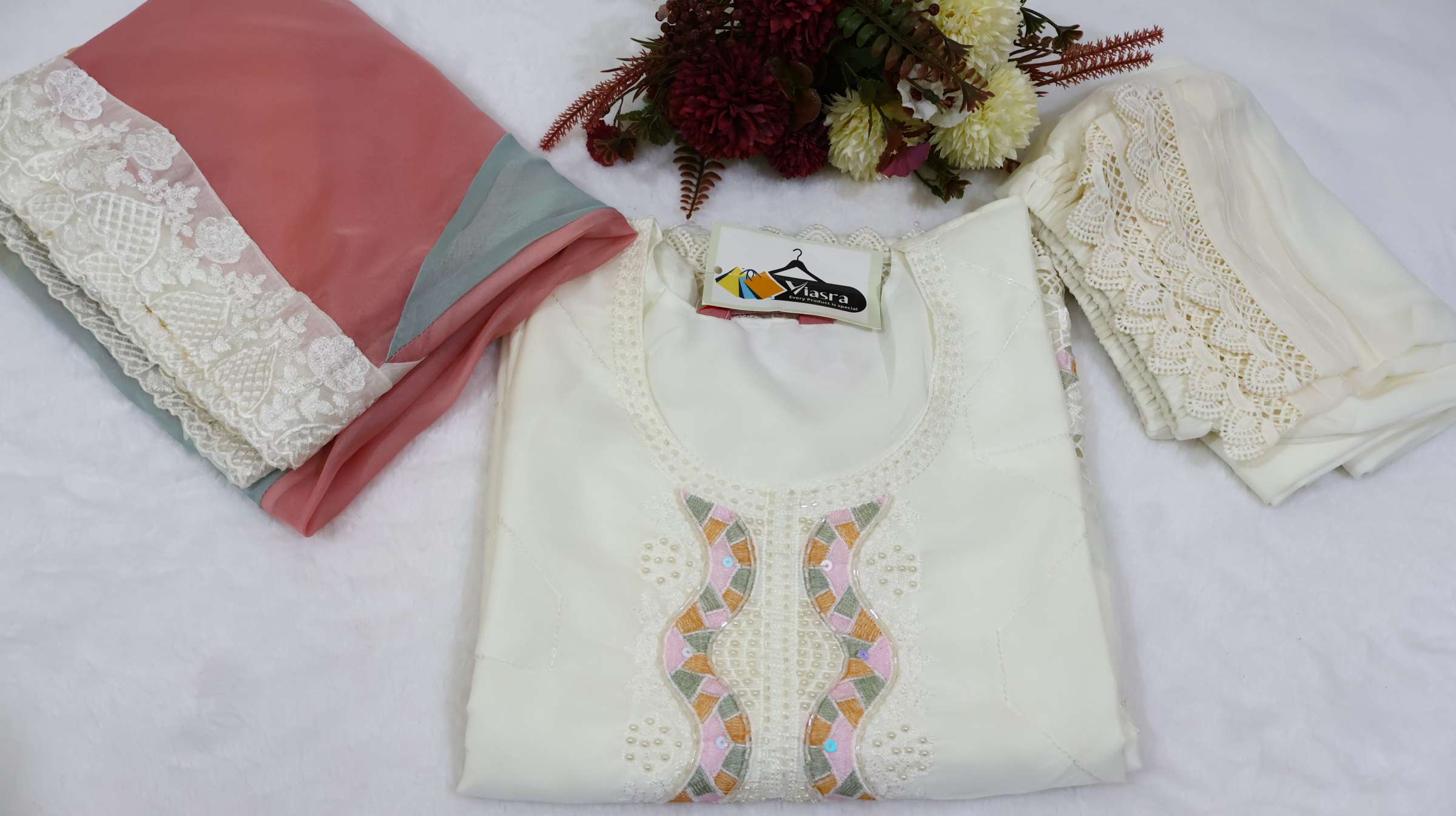 Off‑White Tissue Organza Kurta Set with Multicolour Dupatta