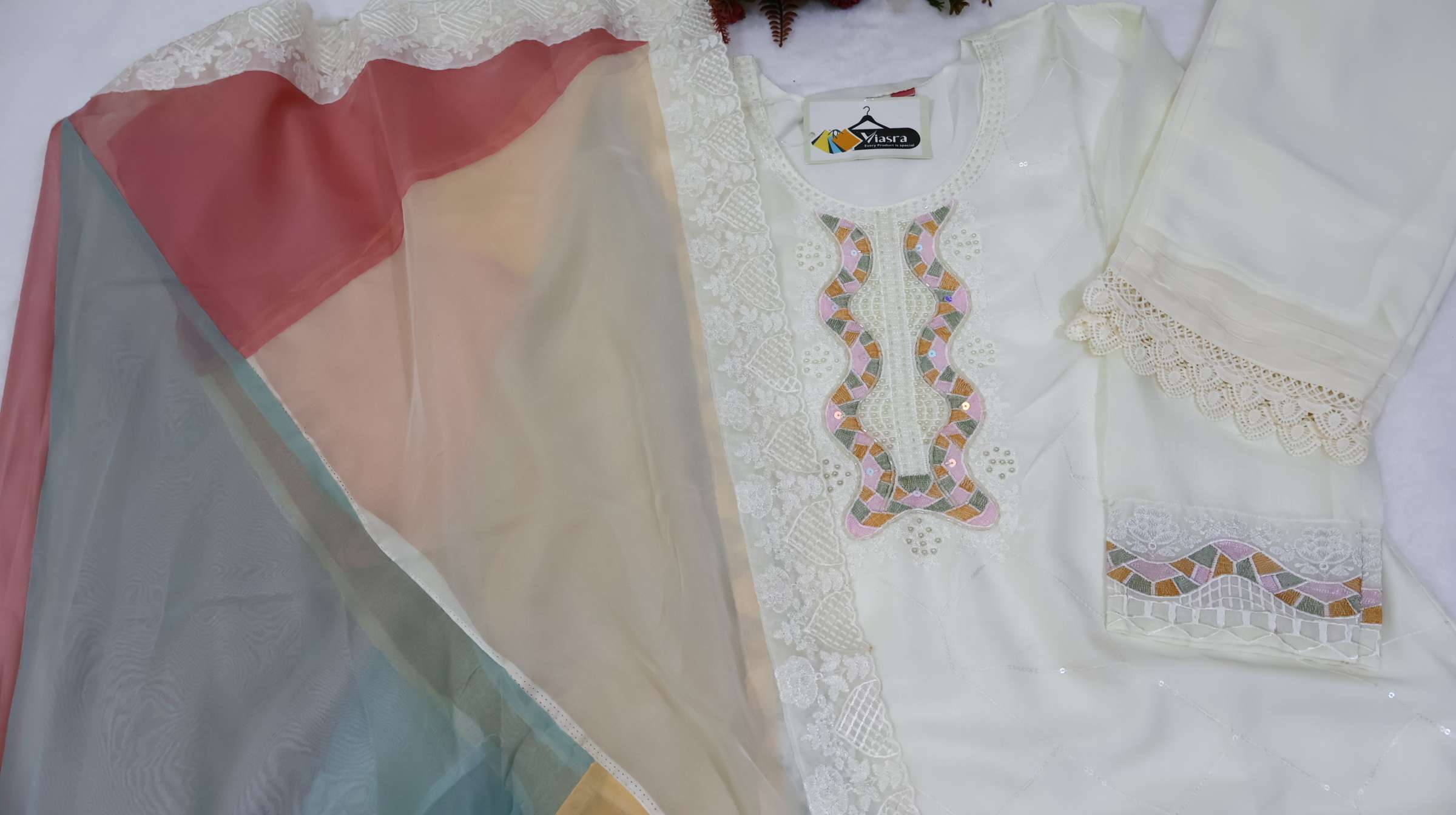 Off‑White Tissue Organza Kurta Set with Multicolour Dupatta