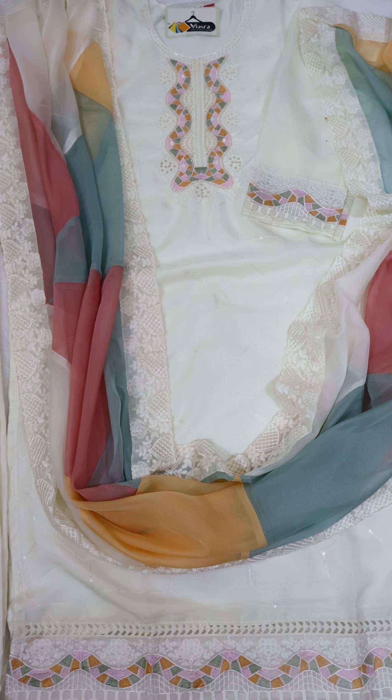 Off‑White Tissue Organza Kurta Set with Multicolour Dupatta