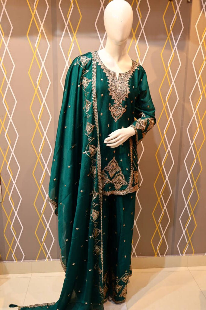 Bottle Green Chinon Sharara Set with Embroidered Dupatta