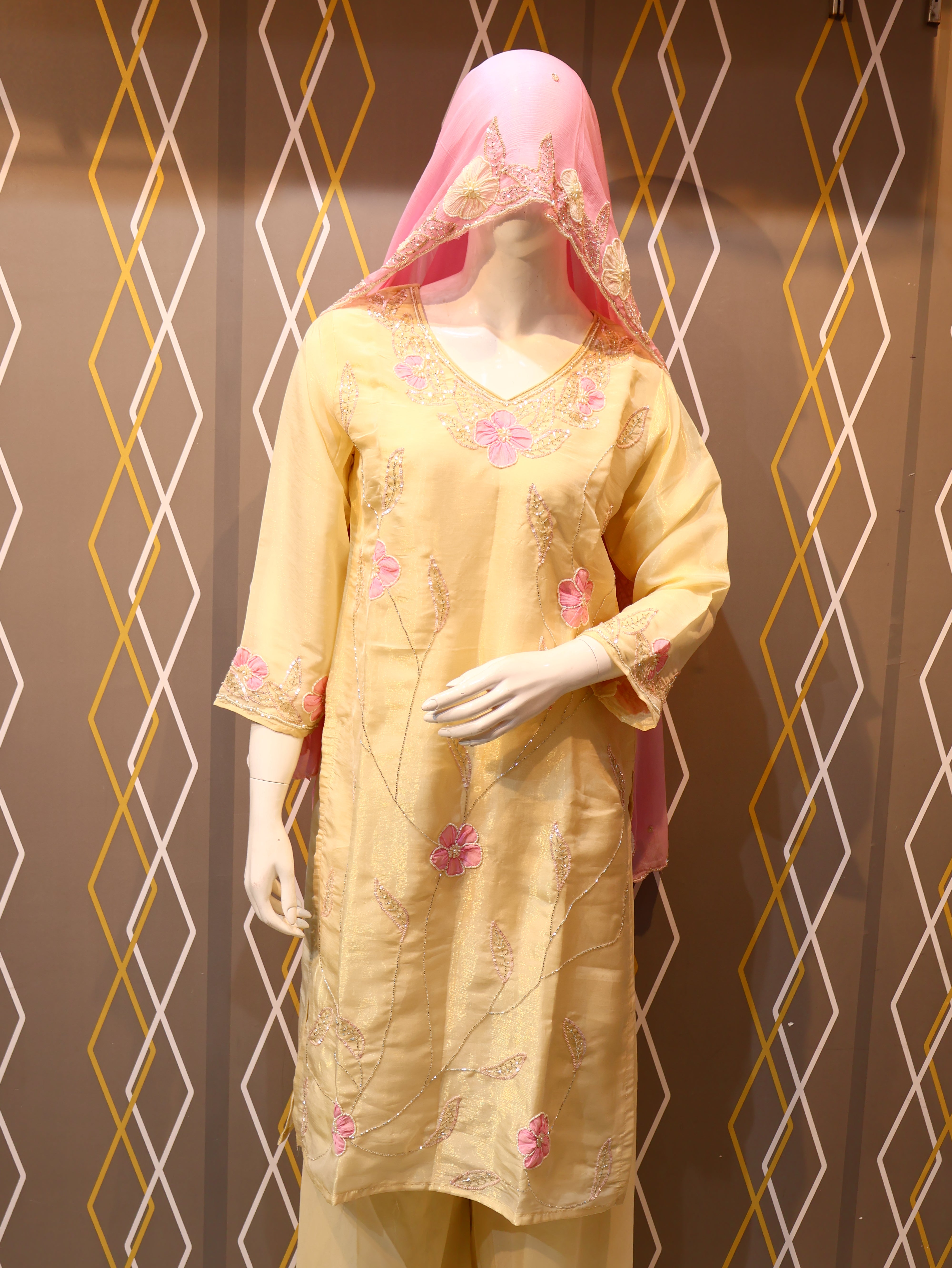 Tissue Simmer Silk Plazo Kurta Dupatta Set with hand‑worked Cutdana, sequins & pearl