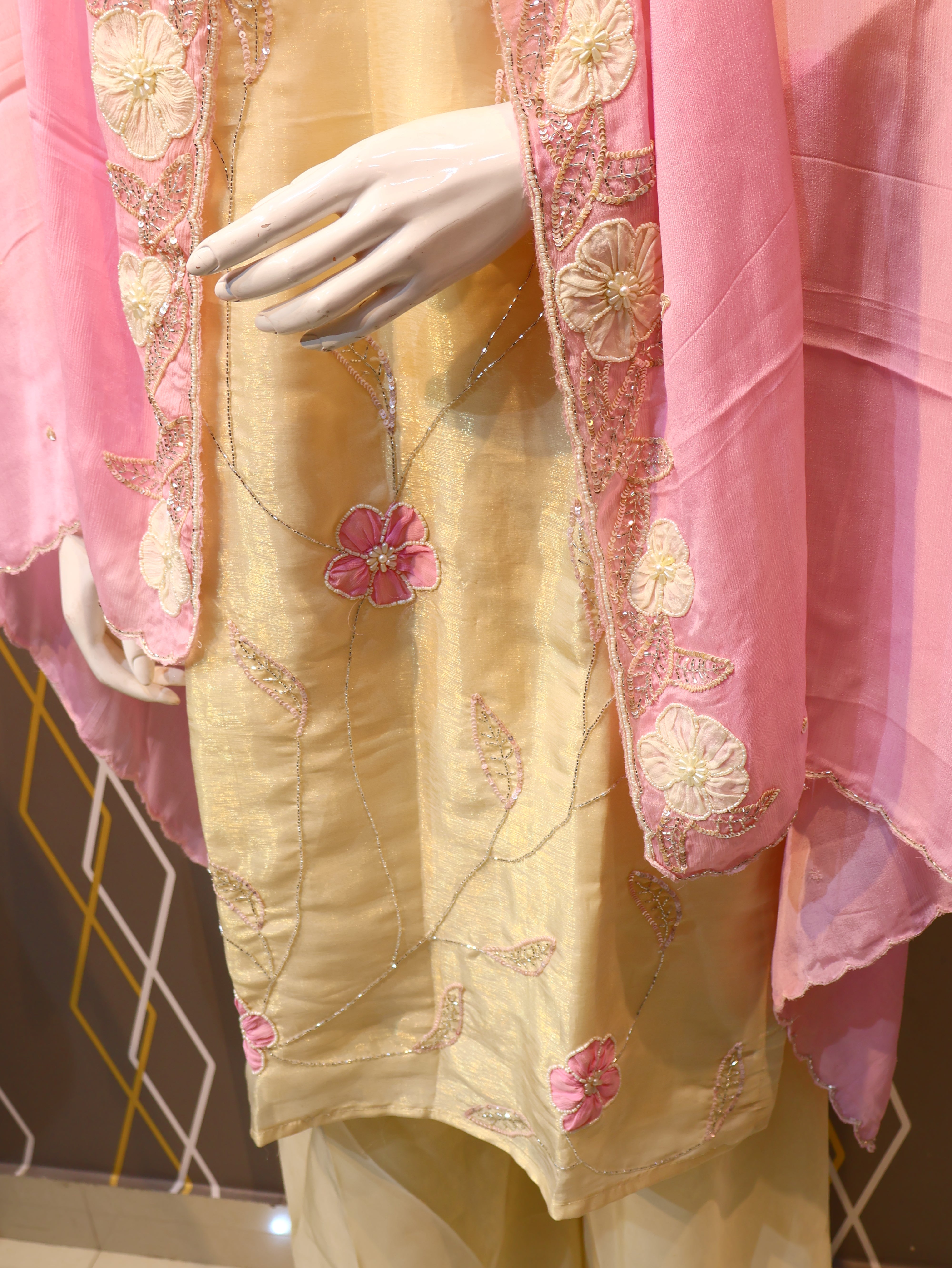 Tissue Simmer Silk Plazo Kurta Dupatta Set with hand‑worked Cutdana, sequins & pearl