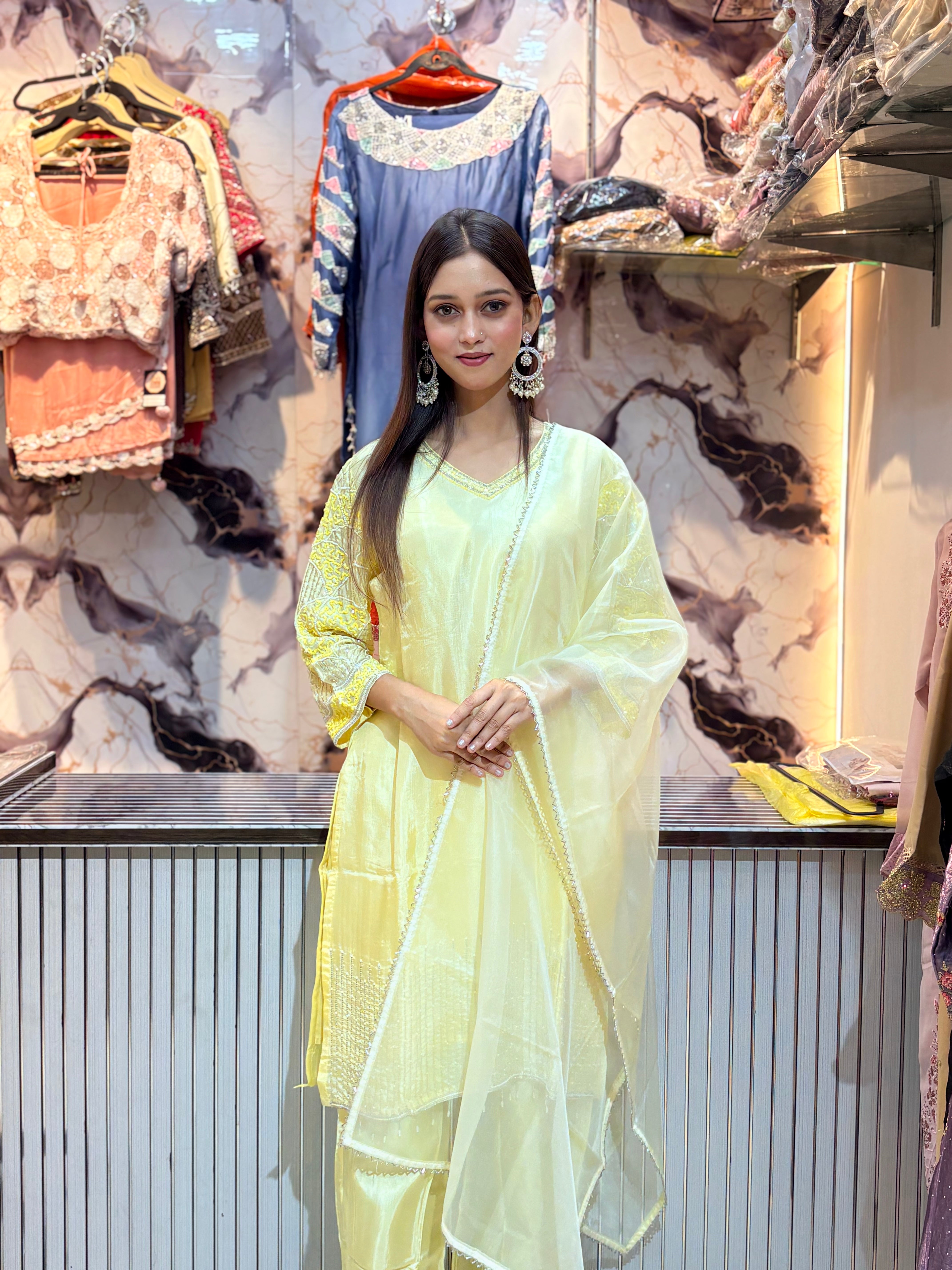 Lime Yellow Upada Silk Kurta Pant Set with Organza Dupatta | Handwork Party Wear Suit