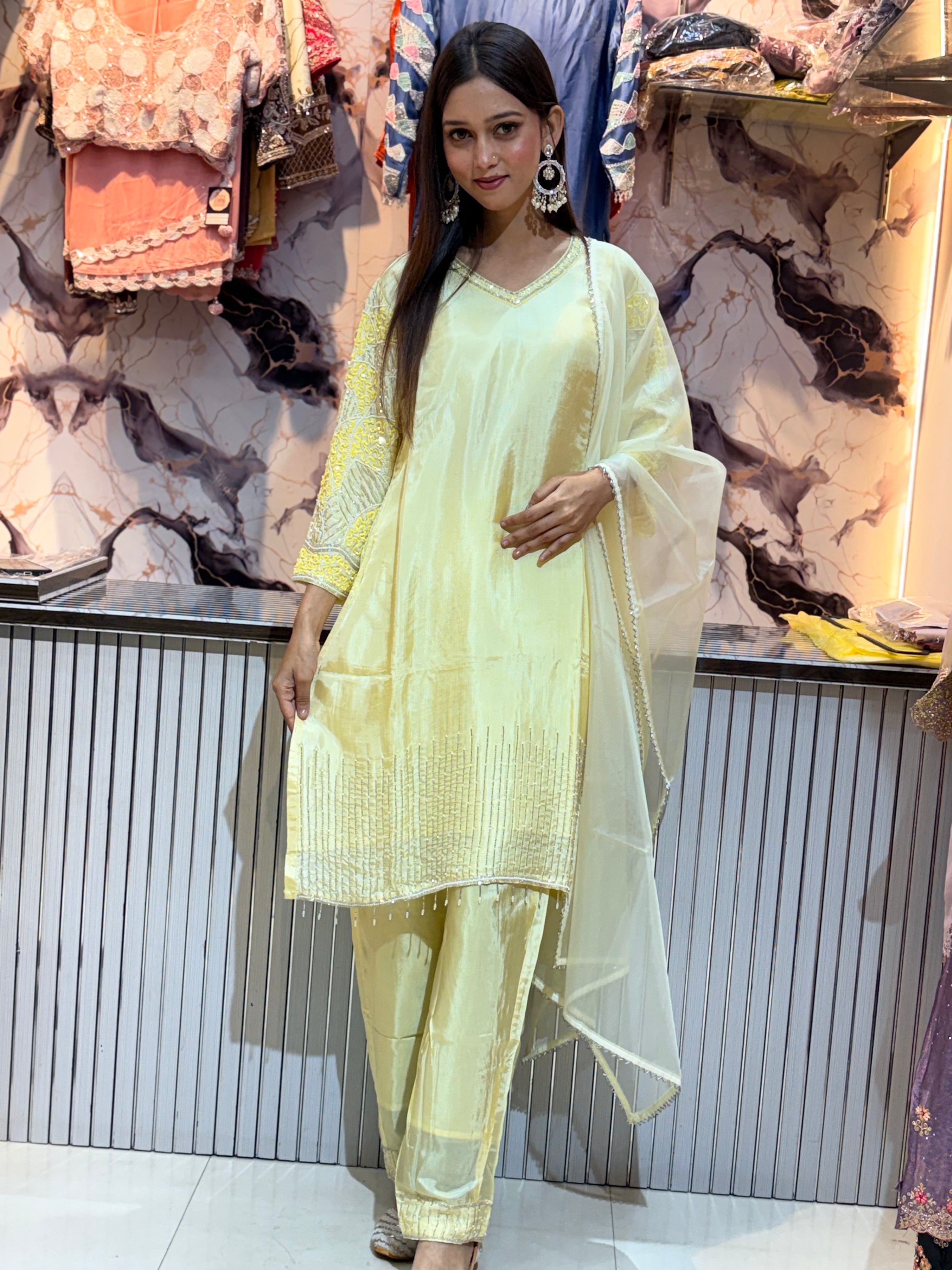 Lime Yellow Upada Silk Kurta Pant Set with Organza Dupatta | Handwork Party Wear Suit