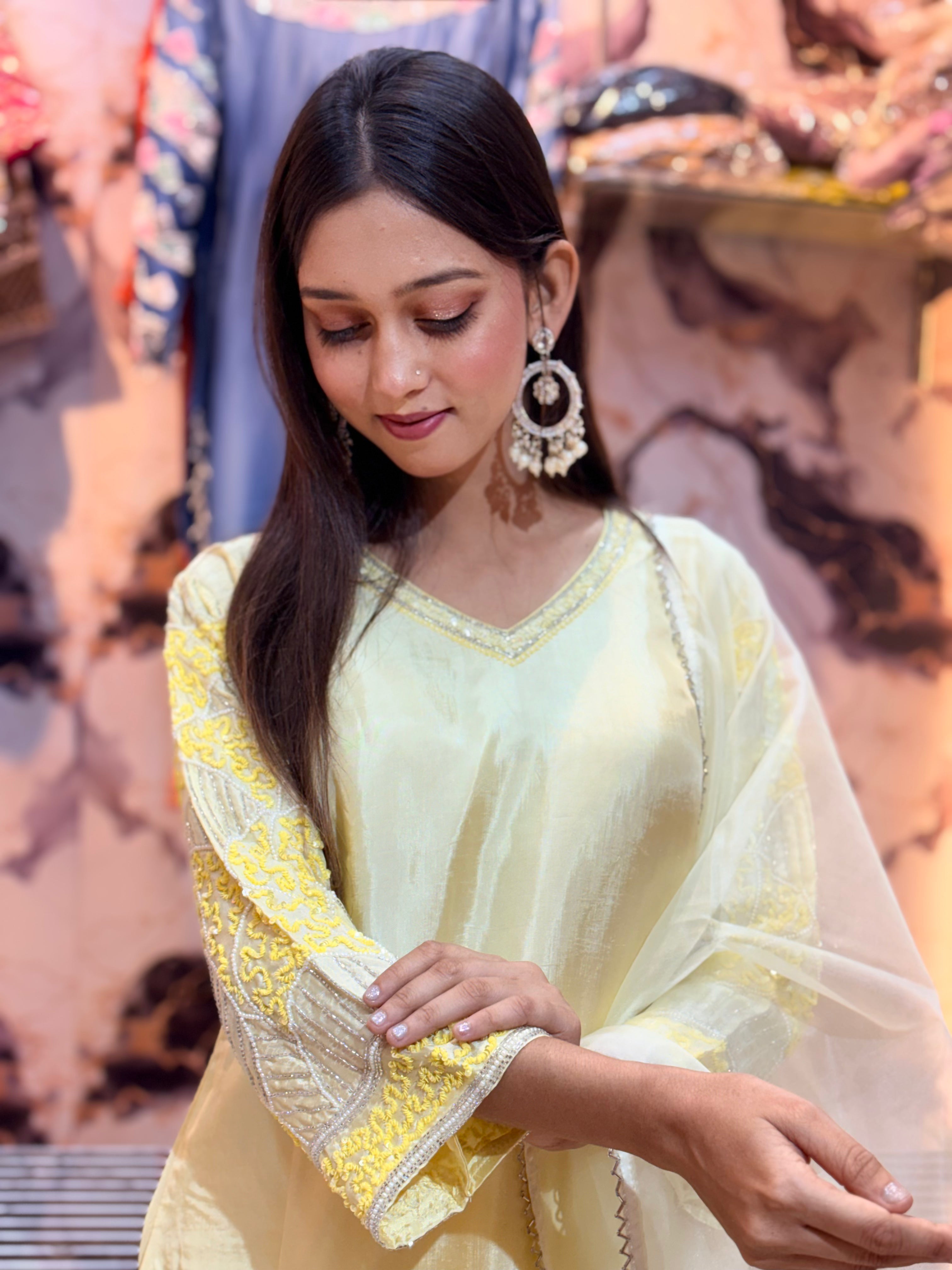 Lime Yellow Upada Silk Kurta Pant Set with Organza Dupatta | Handwork Party Wear Suit