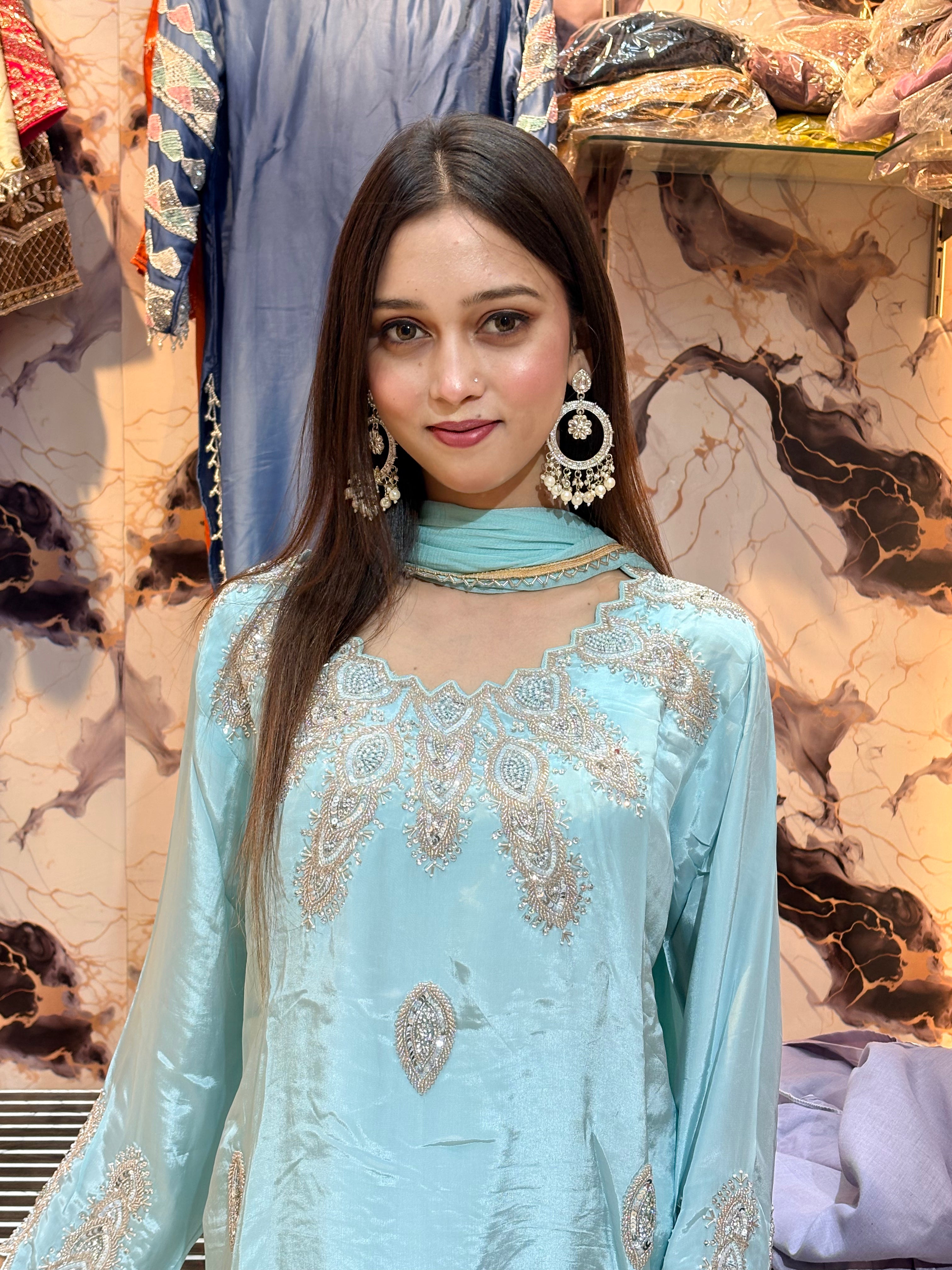 Powder Blue Handworked Natural Crepe Kurti Pant Set with Chiffon Dupatta