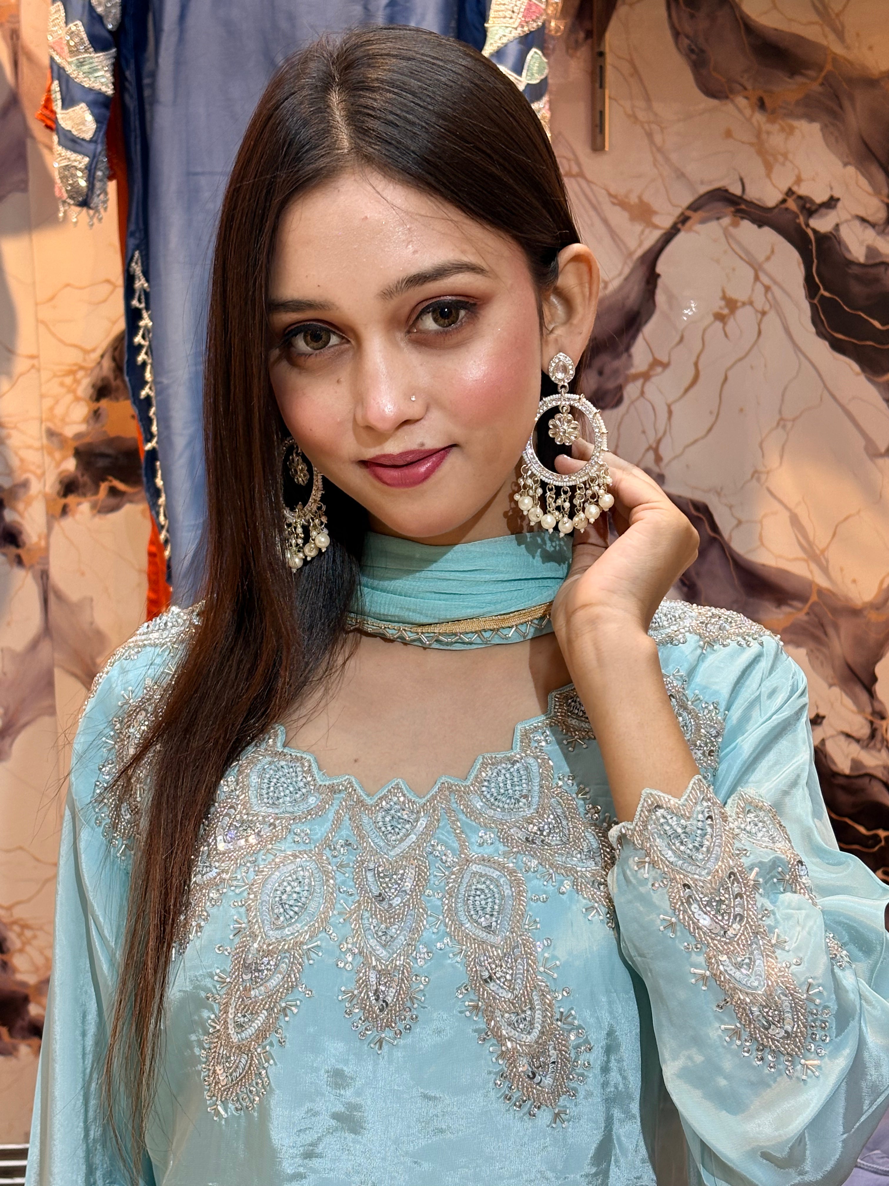 Powder Blue Handworked Natural Crepe Kurti Pant Set with Chiffon Dupatta