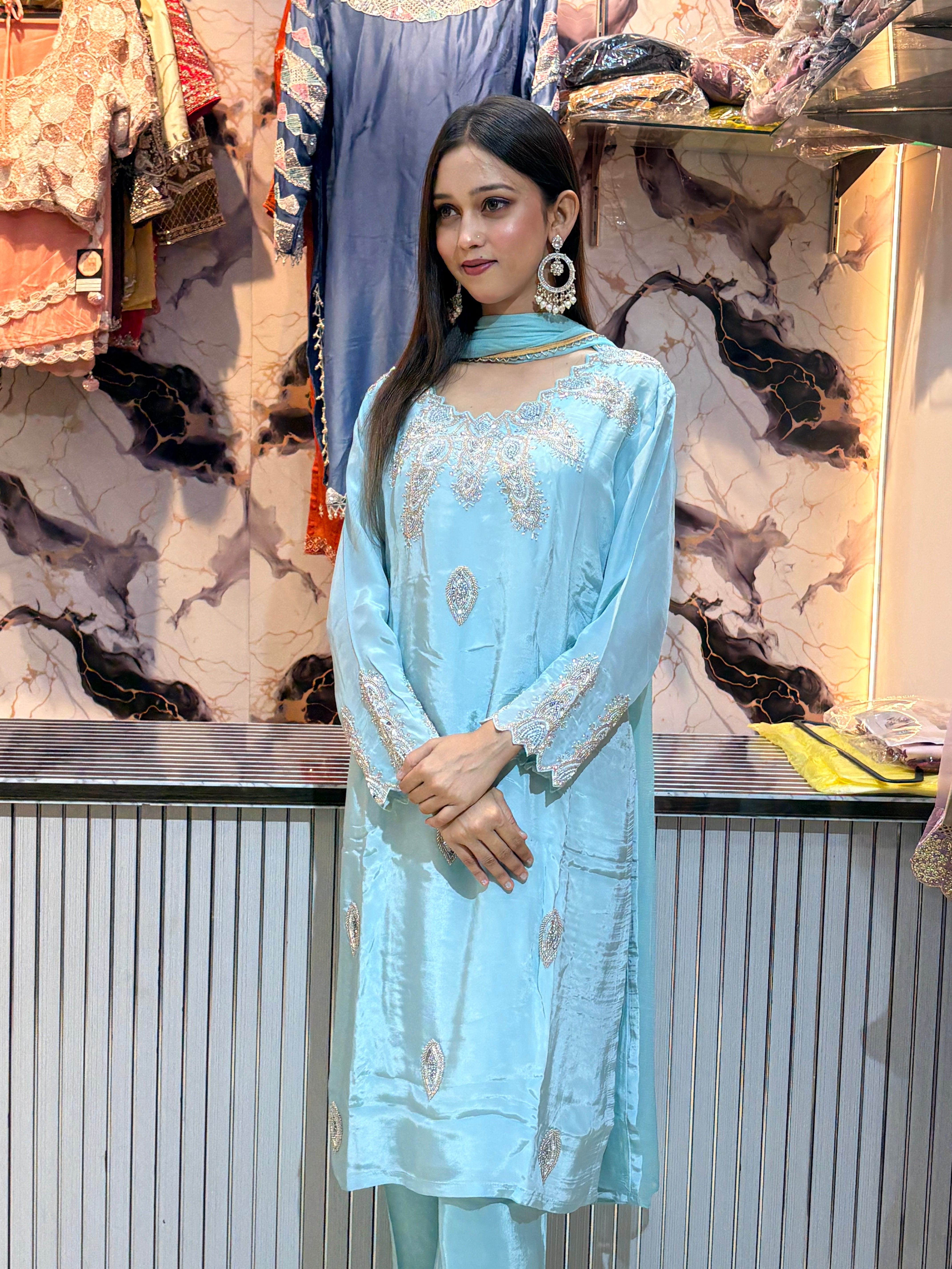 Powder Blue Handworked Natural Crepe Kurti Pant Set with Chiffon Dupatta