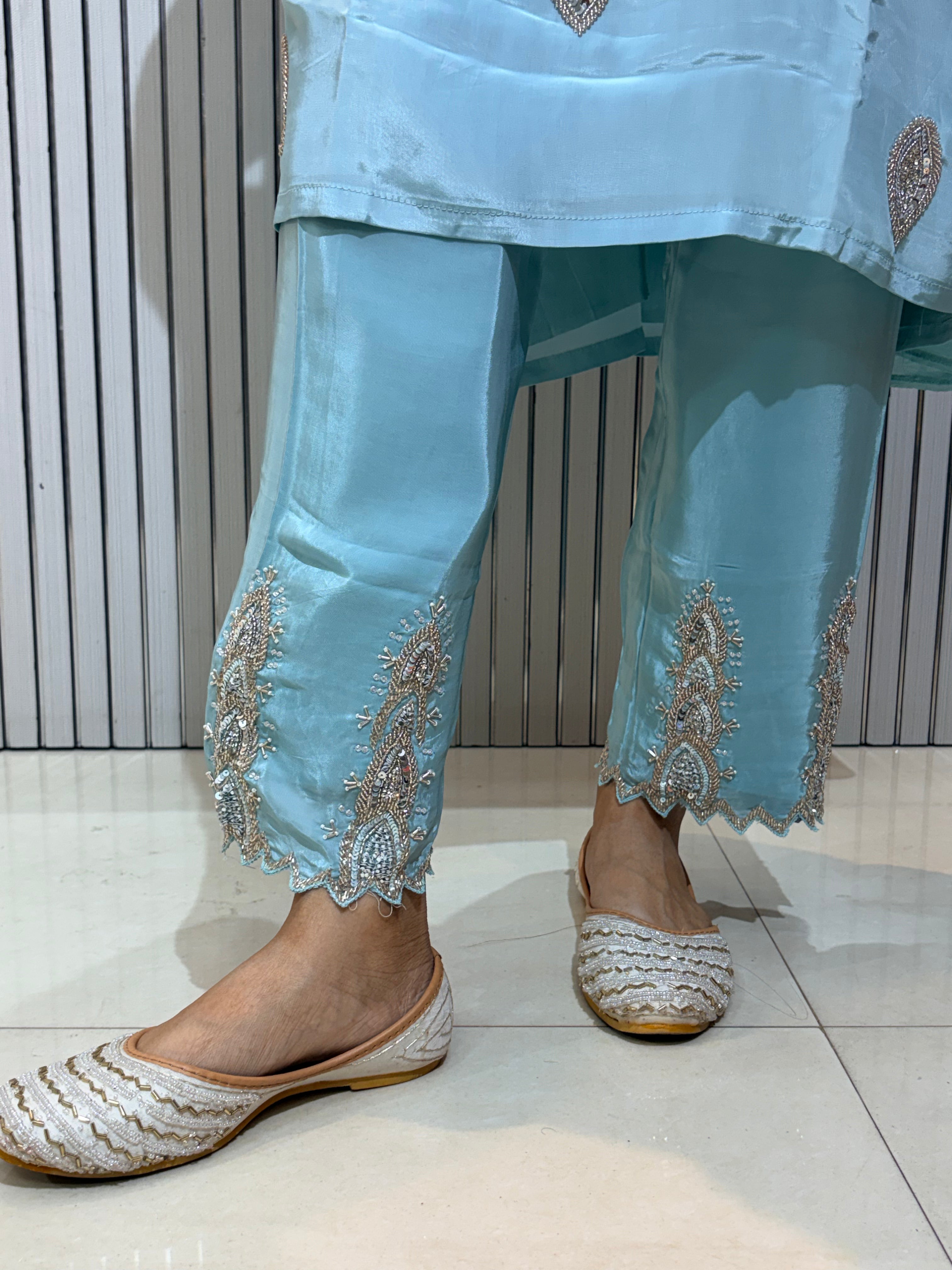 Powder Blue Handworked Natural Crepe Kurti Pant Set with Chiffon Dupatta