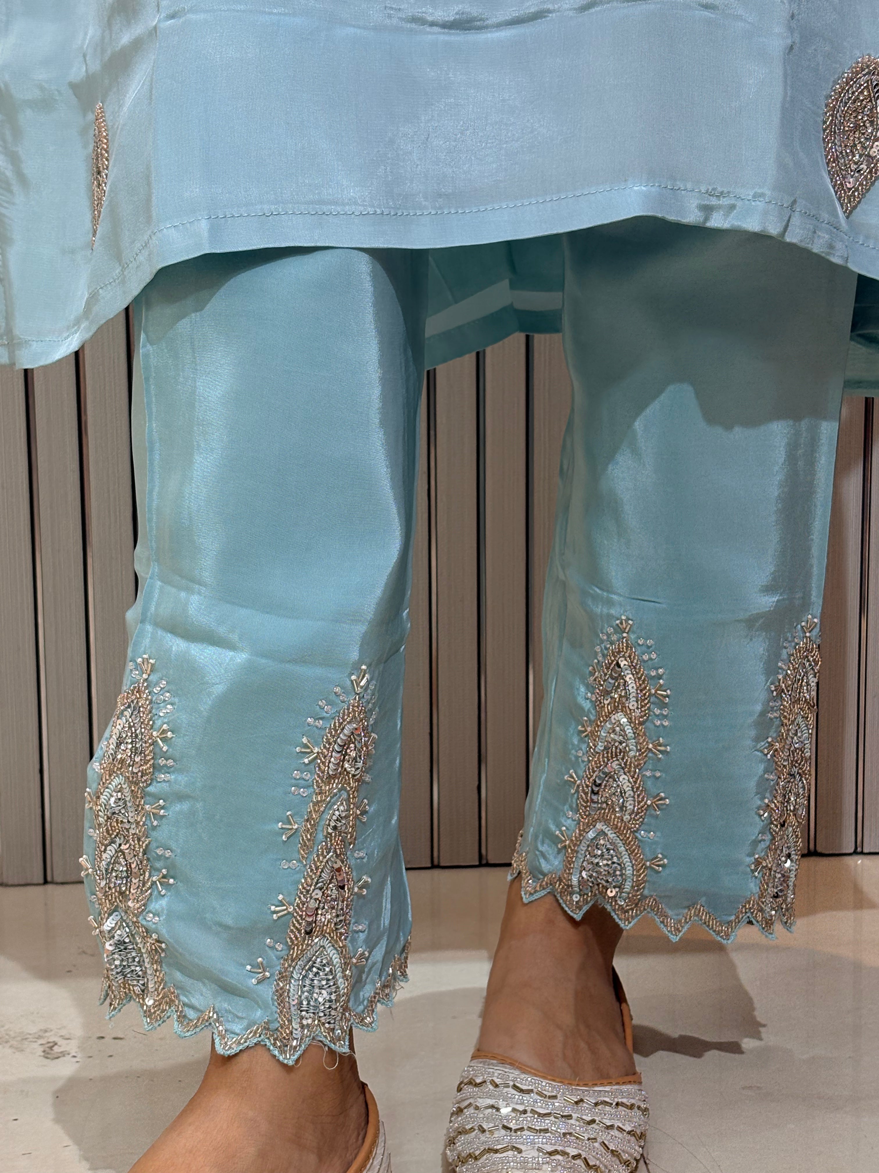 Powder Blue Handworked Natural Crepe Kurti Pant Set with Chiffon Dupatta