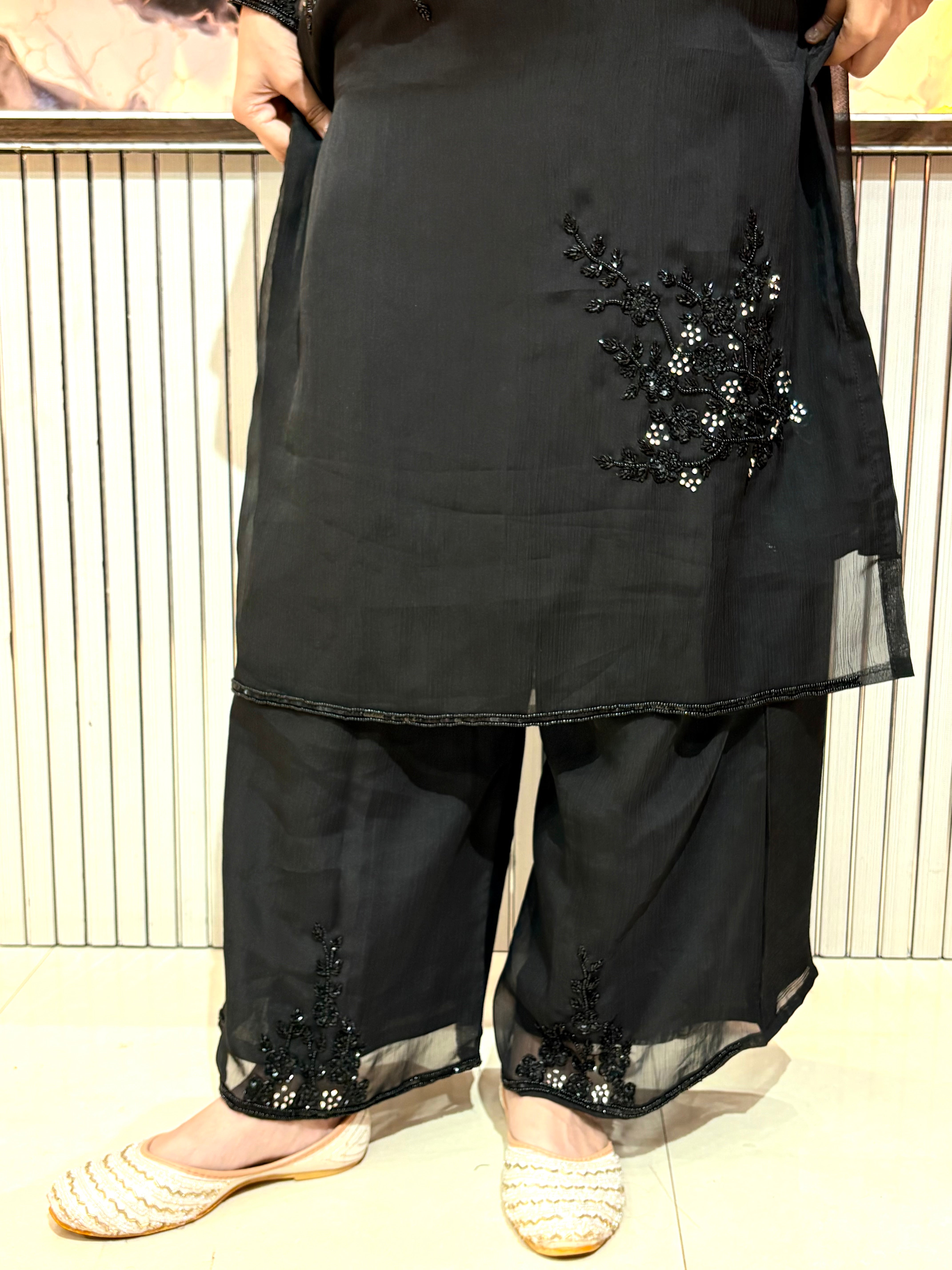 Black Embellished Kurta Set with Sheer Dupatta
