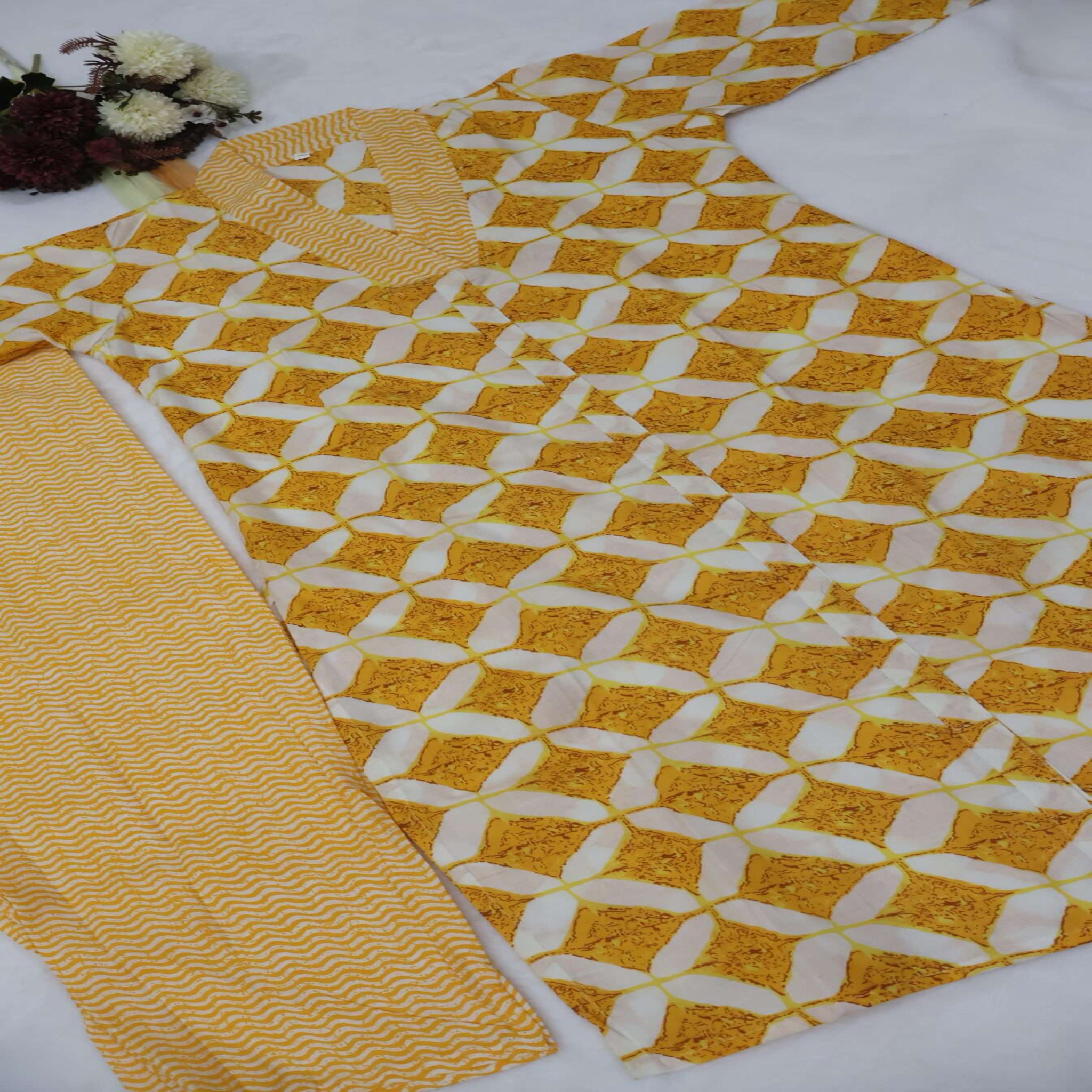Yellow Printed Cotton Kurta & Pant Set